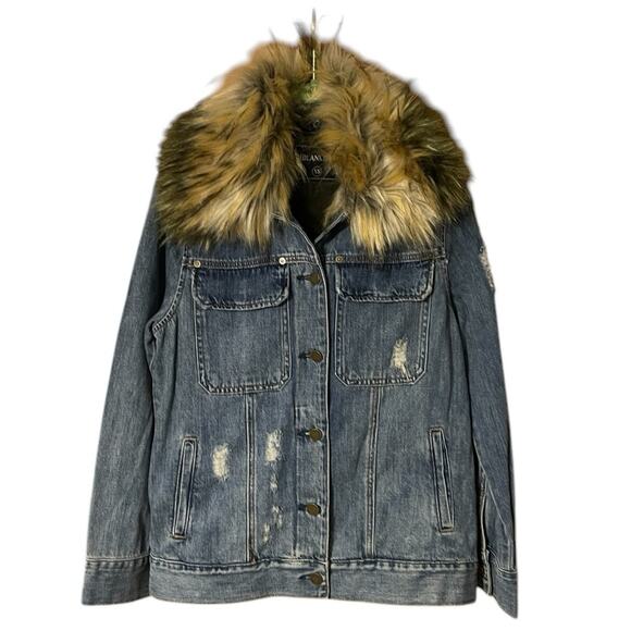 BlankNYC Womens Group Love Distressed Faux Fur Collar Blue Denim Jacket XS NWT - Picture 1 of 14